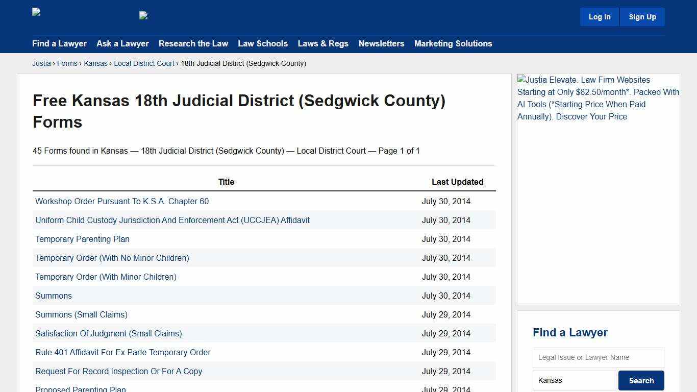 Justia :: Kansas :: 18th Judicial District (Sedgwick County) :: Local District Court :: Free Legal Forms